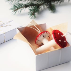 Wool Felt Mushrooms, Set of Two Ornaments , Red and Cream image 1