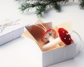 Wool Felt Mushrooms, Set of Two Ornaments , Red and Cream