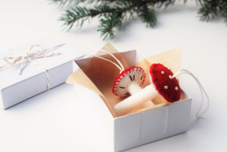 Wool Felt Mushrooms, Set of Two Ornaments , Red and Cream image 1