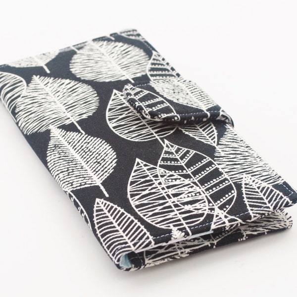 Womens Wallet, Vegan Fabric Canvas Clutch, Credit Card and Cash Organizer, Birch Tree Leaves , Black and White