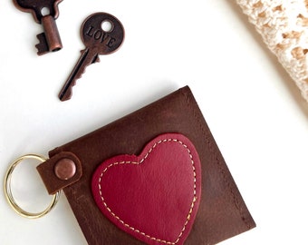 Leather Key and Coin Purse with Snap Closure, Red Heart