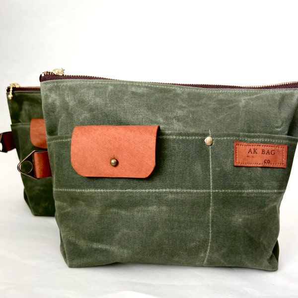 Waxed Canvas Zipper Bag, Artist Supply Pouch, Olive Green