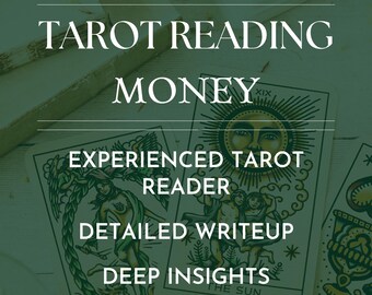 May include: Image featuring tarot cards with the text "TAROT READING MONEY." The cards display illustrations and phrases like "EXPERIENCED TAROT READER," "DETAILED WRITEUP," and "DEEP INSIGHTS." The cards are on a light-colored surface.