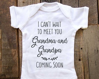 I can't wait to meet you Grandma and Grandpa Coming Soon heart leaves baby bodysuit surprise pregnancy reveal parents grandparents