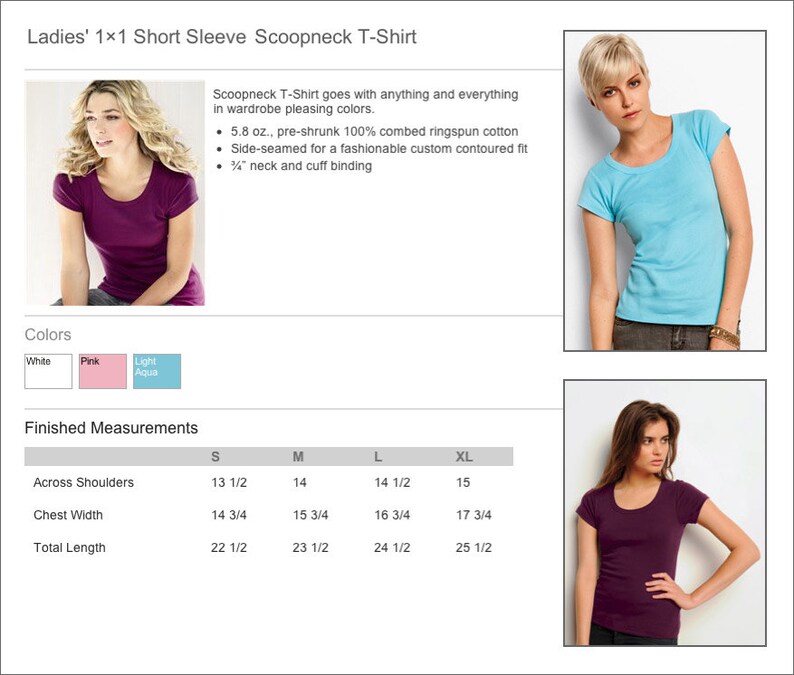Op de afbeelding: Een scoop neck t-shirt met korte mouwen in roze, licht aqua en wit. Het t-shirt is gemaakt van 5,8 oz. voorgeshronken 100% gekamd ringgesponnen katoen. Het heeft zijnaden voor een custom getailleerde pasvorm en een 1/2 inch hals en manchetten. De maattabel toont de afmetingen in inches voor schouderbreedte, borstbreedte en totale lengte.