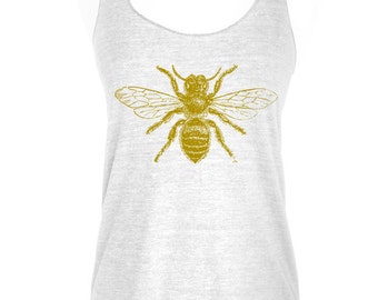 Bee 01 Shirt Soft Tri-Blend Racerback Tank (Gold bee print on Heather white tank, Black bee print on all other color tanks)