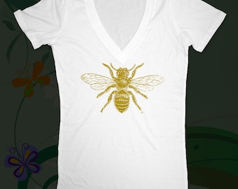 Bee 01 -  graphic  printed on Deep V Neck Ladies Slim Junior Fit Tee Shirt