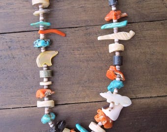 Native American Red Coral Turquoise Shells Gemstones Animal Carvings Necklace