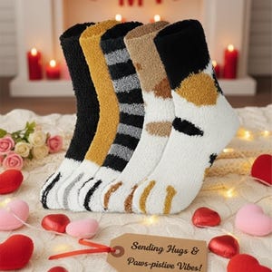5 Paar gemütliche Katzensocken, Winter-Plüsch-Socken-Geschenkset, niedliche weiche, warme Schlafsocken, Weihnachtsgeschenkpaket, Weihnachtsgeschenkpaket, Strumpffüller, flauschige Socken, paket