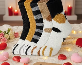 5 Pair Cozy Cat Socks, Winter Plush Sock Gift Set, Cute Soft Warm Sleep Socks, Christmas Gift Bundle, Stocking Stuffers, Fuzzy Socks, Bundle