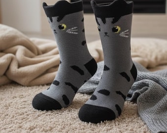 Warm Fuzzy Cat Slipper Socks, Sherpa Non-Slip Indoor House Socks, Winter Cozy Comfort, Cute Gift for Her, Valentine’s Day & Holiday Gift