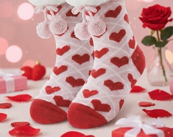 Warm Fuzzy Heart Slipper Socks, Plush Non-Slip Indoor House Socks, Winter Cozy Comfort, Cute Gift for Her, Valentine’s Day & Holiday Gift