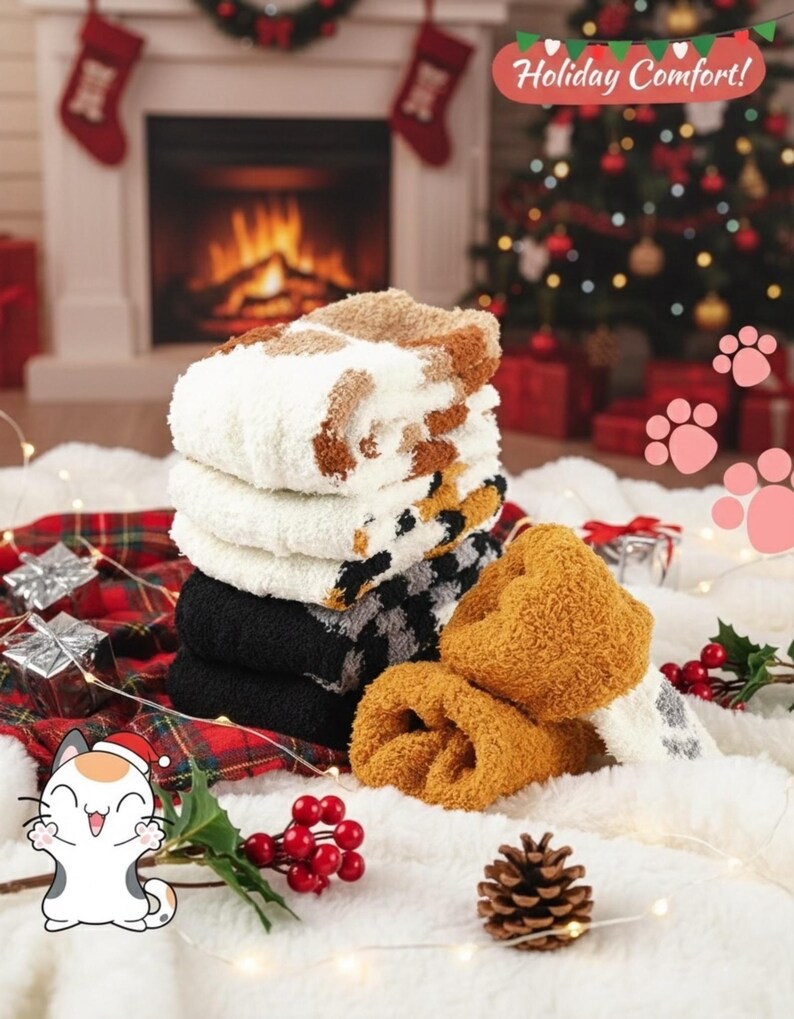 May include: A stack of cozy, patterned socks in various colors, including white, brown, black, and gold. The socks are displayed on a fluffy white surface with a plaid blanket, Christmas tree, and a fireplace in the background. The text "Holiday Comfort!" is visible.