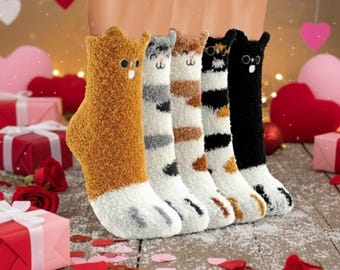 Cute Cat Fuzzy Socks, Cozy Winter Kitty Socks, Animal Socks, Gift Idea, Warm Comfy Paw Socks, Women's Slipper Socks, Stocking Stuffer, Love
