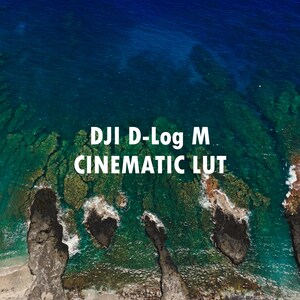 May include: Aerial view of a coastline with turquoise water and dark rock formations. The text "DJI D-Log M CINEMATIC LUT" is overlaid on the image in white. The scene captures the natural beauty of the ocean and rocky shore.