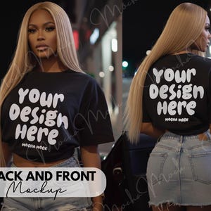 May include: Black t-shirt mockup with the text "Your Design Here" in white on the front and back. The model is wearing a denim skirt. The words "MOCHA MOCK" are below the text. The words "BACK AND FRONT Mockup" are at the bottom.