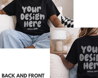 Pode incluir: Mockup de camiseta preta com o texto "your Design Here" em fonte de bolhas. A frente e as costas da camisa são exibidas. O texto "MOCHA MOCK" está abaixo do texto principal. As palavras "BACK AND FRONT Mockup" estão na parte inferior.