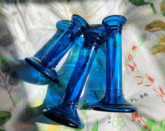 Cobalt Blue Glass Candlesticks | Set of 3 Taper Holders | Postmodern Pedestal Decor
