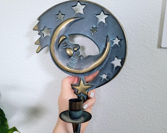 Celestial Moon and Stars Wall Sconce | Vintage 90s Taper Candle Holder