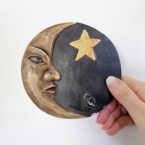 Carved Moon Face Wall Hook | Celestial Crescent Key Holder | Indonesian Wood | Black Gold Star