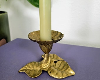 Botanical Leaf Taper Candleholder | Art Nouveau Brass Shelf Decor