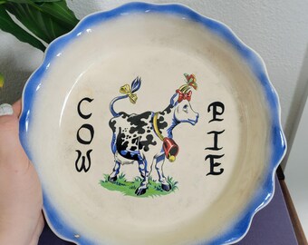 Humorous Cow Pie Dish | Fluted Blue Rim Ceramic Baking Plate | Quirky Farmhouse Pottery
