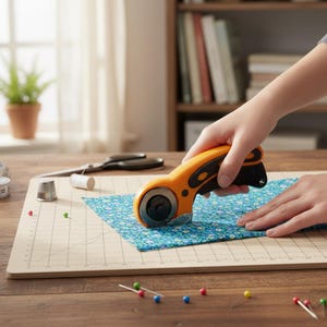 May include: An orange and black rotary cutter being used to cut a piece of blue floral fabric on a beige cutting mat. Other sewing tools, including scissors, pins, and a thimble, are also on the wooden table.