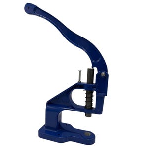 May include: A blue manual press tool with a long lever arm. The tool has a base, a central column with a spring, and a top section. The tool is designed for applying pressure. The text "ZJNM" is visible on the side.