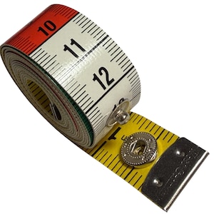 May include: A rolled white, red, and green measuring tape with black numbers and markings. The tape extends with a yellow section, featuring a metal end piece and a snap closure. Suitable for sewing and craft projects.