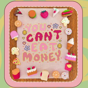May include: A cross-stitch design with the phrase "YOU CAN'T EAT MONEY" in pink and yellow letters. The design is surrounded by miniature food items like a burger, pizza slice, and ice cream cone, all set against a pink background.