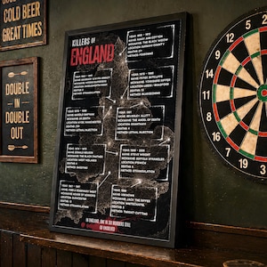 May include: A framed black poster titled Killers of England featuring a map of England with white lines connecting various locations. The poster lists names, nicknames, locations, death counts, and methods for several historical figures in white text.