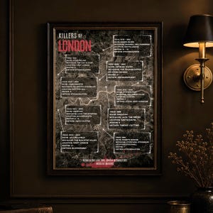May include: A framed wall poster titled Killers of London featuring a dark map of London with white text boxes detailing names, nicknames, locations, and methods of various criminals, with red accents and a bottom text stating unsolved murders.