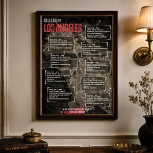 May include: A framed wall poster titled Killers of Los Angeles featuring a dark map background with white text boxes detailing names, nicknames, locations, death counts, and methods for various criminals, plus a red text footer about unsolved murders.