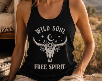 Wild Soul Free Spirit tank top, Western cow skull, Racerback Tank, Boho Country Shirt for Women, Festival Outfit, Summer Graphic Tank