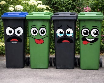 Pegatinas divertidas para cubos de basura con caras / Vinilos decorativos para exteriores (Reino Unido) / Pegatinas de ojos y boca de dibujos animados / Pegatinas divertidas para cubos de basura / Identificación del cubo de basura con el número de la casa