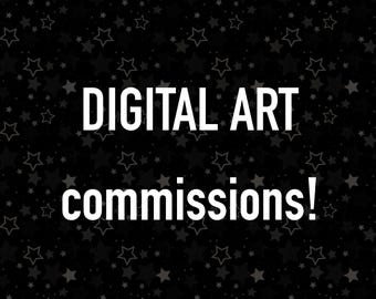 Könnte beinhalten: Ein schwarzer grafischer Hintergrund mit einem sich wiederholenden Muster aus kleinen, dunkelgrauen Sternen. Zentriert im Bild steht der weiße Text "DIGITAL ART commissions!" in einer fetten, serifenlosen Schrift, deutlich sichtbar vor dem dunklen Hintergrund.