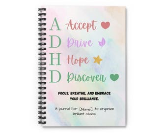 ADHD Akrostik Notizbuch, personalisiertes Journal für Erwachsene, Neurodiversent, Selbstfürsorge, psychische Gesundheit, gefüttertes Reflection Journal
