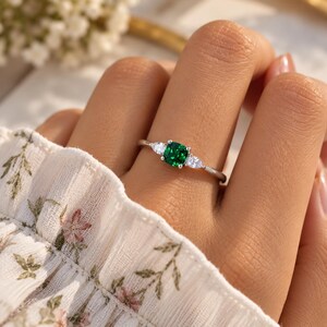 Dainty Green Zircon Ring, Emerald Color Jewelry, Gold Tone Band, May Birthstone Inspired, Minimalist Stacking, Promise Engagement Gift