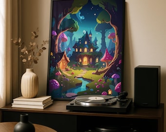 Enchanted Fairytale Forest Print, Fantasy Decor, Library Art
