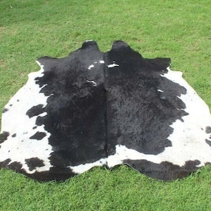 May include: A cowhide rug with a natural black and white pattern. The rug is irregularly shaped, with a dark center and white spots and edges. It is displayed on a green grassy surface.