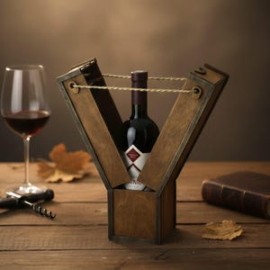 May include: A bottle of red wine in a wooden wine presentation box. The box is V-shaped with rope accents. A wine glass with red wine, a corkscrew, and a book are also on the wooden surface.