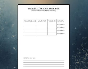 Suivi des déclencheurs d'anxiété imprimable | Feuille de travail de sensibilisation à la santé mentale | Journal d'anxiété minimaliste PDF