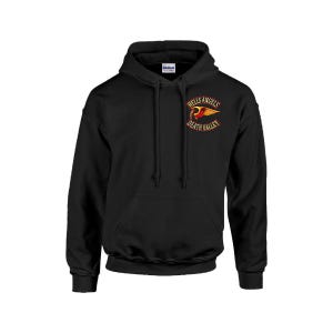 May include: A black hooded sweatshirt featuring a front kangaroo pocket and long sleeves. On the upper left chest, there is a circular patch with the text HELLS ANGELS DEATH VALLEY and a graphic of a winged skull in red, yellow, and black colors.