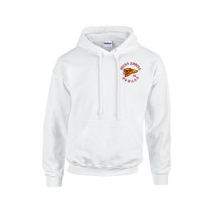 May include: A white hooded sweatshirt featuring a front kangaroo pocket and long sleeves. On the upper left chest, there is a circular graphic with the text "HELLS ANGELS MC NOMADS" in red letters surrounding an illustration of a winged skull.