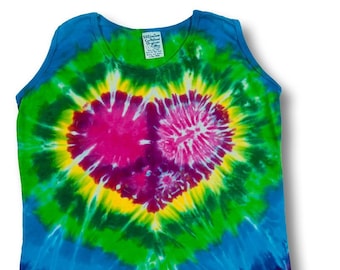 Adult Ladies Lg Heart Peace Sign pattern Tiedye Tanktop on Heavyweight Organic Cotton - 100% Made in USA