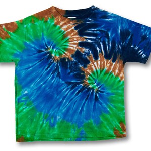 Kids size 5 to 6 t-shirt double spiral tiedye with blues green and brown on Rabbit Skins 100% Organic Cotton image 1
