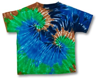Kids size 5 to 6 t-shirt double spiral tiedye with blues green and brown on Rabbit Skins 100% Organic Cotton