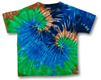 Kids size 5 to 6 t-shirt double spiral tiedye with blues green and brown on Rabbit Skins 100% Organic Cotton