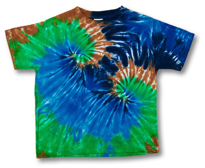 Kids size 5 to 6 t-shirt double spiral tiedye with blues green and brown on Rabbit Skins 100% Organic Cotton image 1