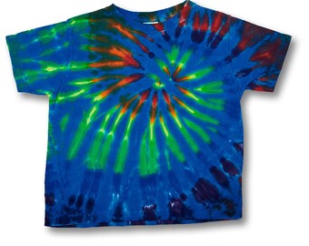 Kids size 4 t-shirt rainbow spiral tiedye with turquoise on Rabbit Skins 100% Organic Cotton